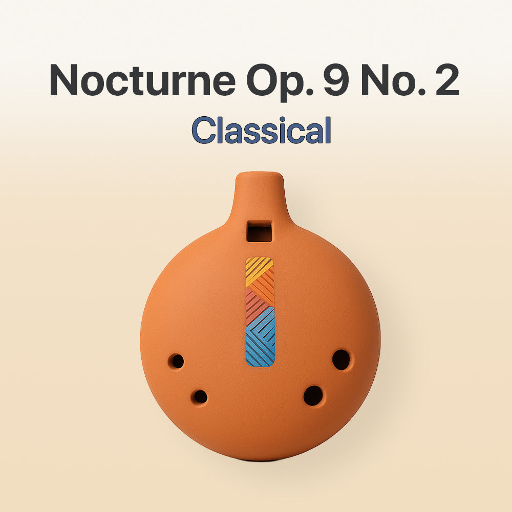Ceramic ocarina with geometric design on a beige background, labeled 'Nocturne Op. 9 No. 2 Classical'.