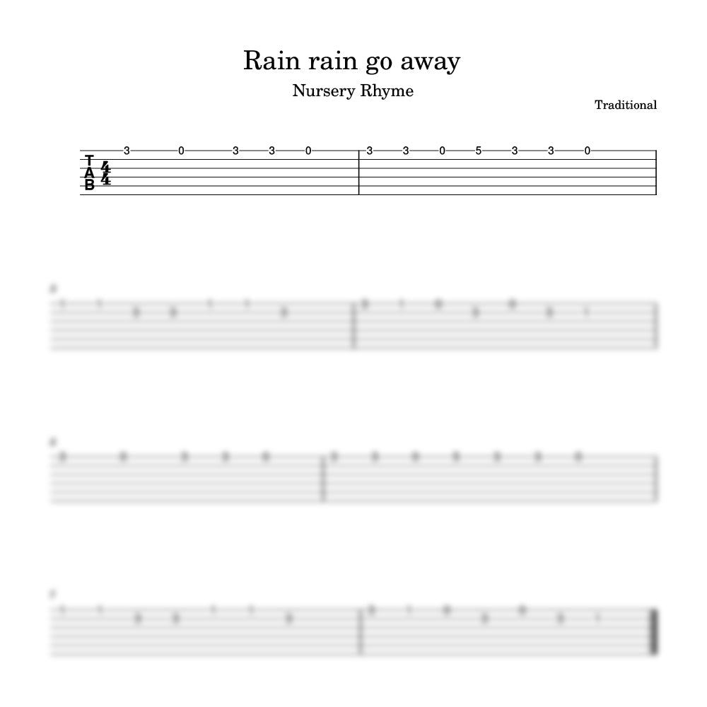 Sheet music for the nursery rhyme 'Rain rain go away' with guitar tablature.