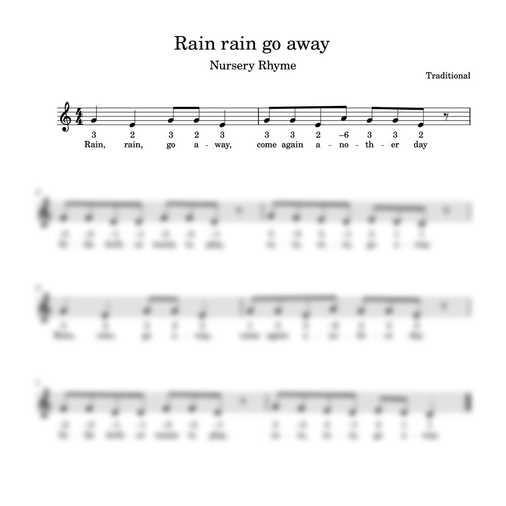 Sheet music for the nursery rhyme 'Rain Rain Go Away' with lyrics and musical notation.