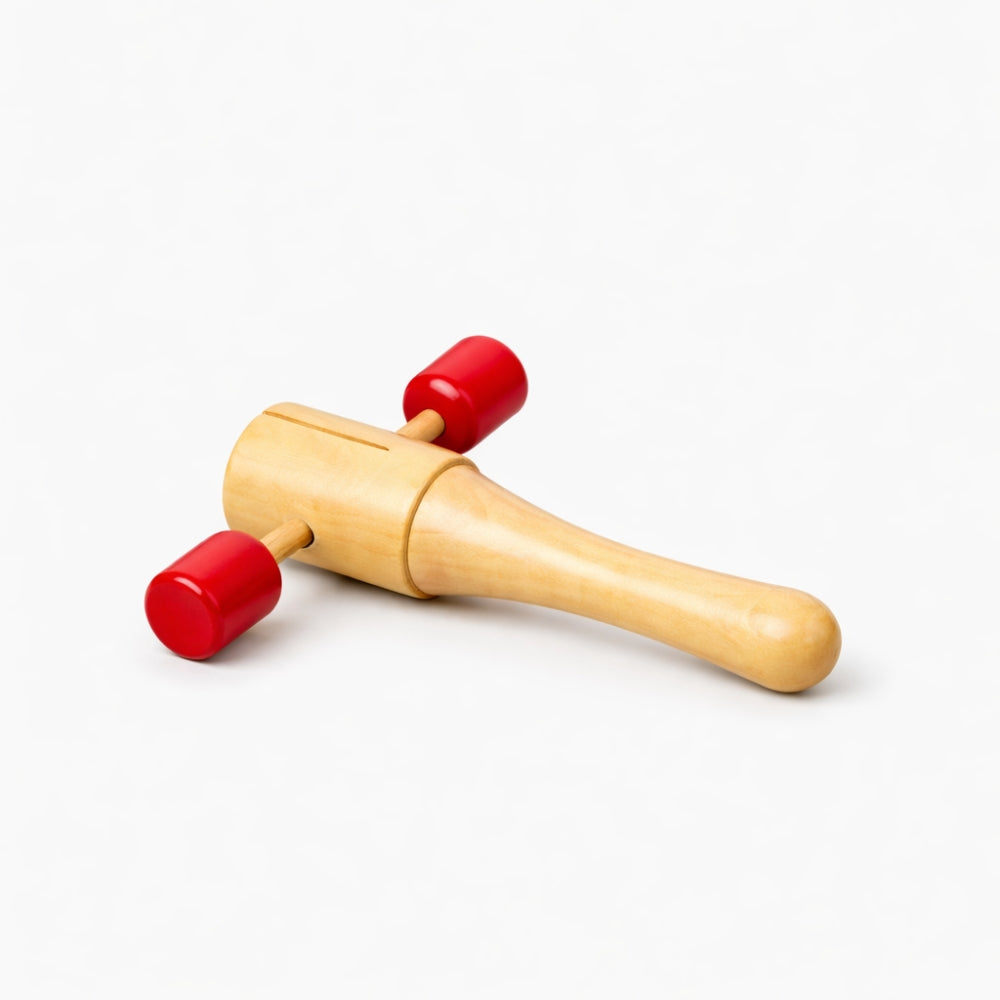 Solid Wooden T clacker with red accent tips on a white background