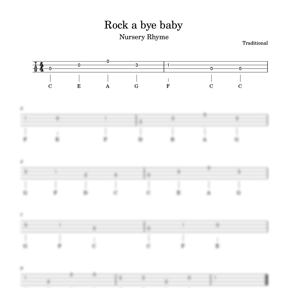 Sheet music for the nursery rhyme 'Rock a Bye Baby' with guitar tablature.