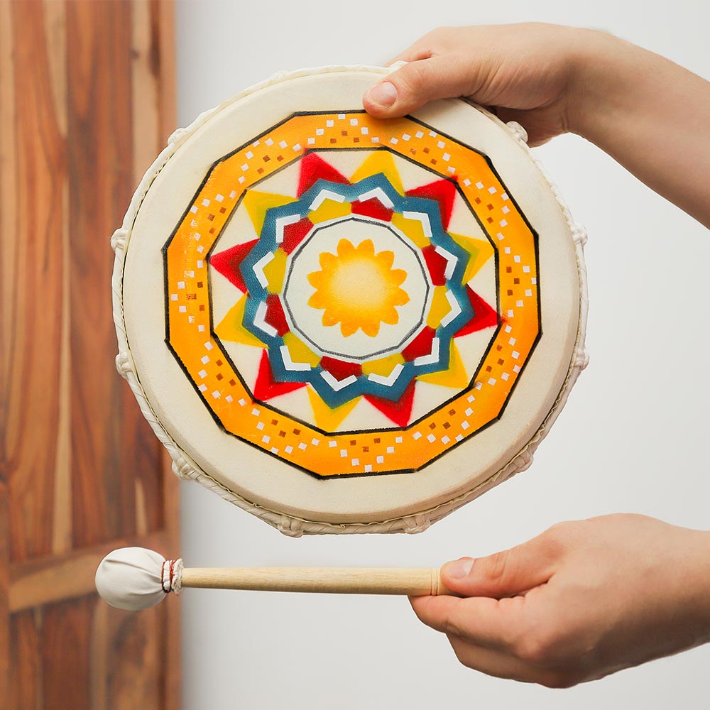 Hand-painted Sacred Circle Shamanic Drum with goatskin head, wooden frame, and rope tie