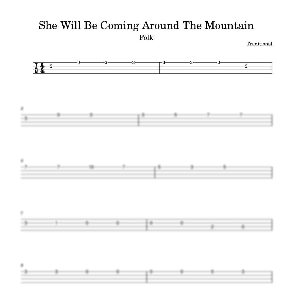 Music sheet for 'She Will Be Coming Around The Mountain' with tablature and traditional music label.
