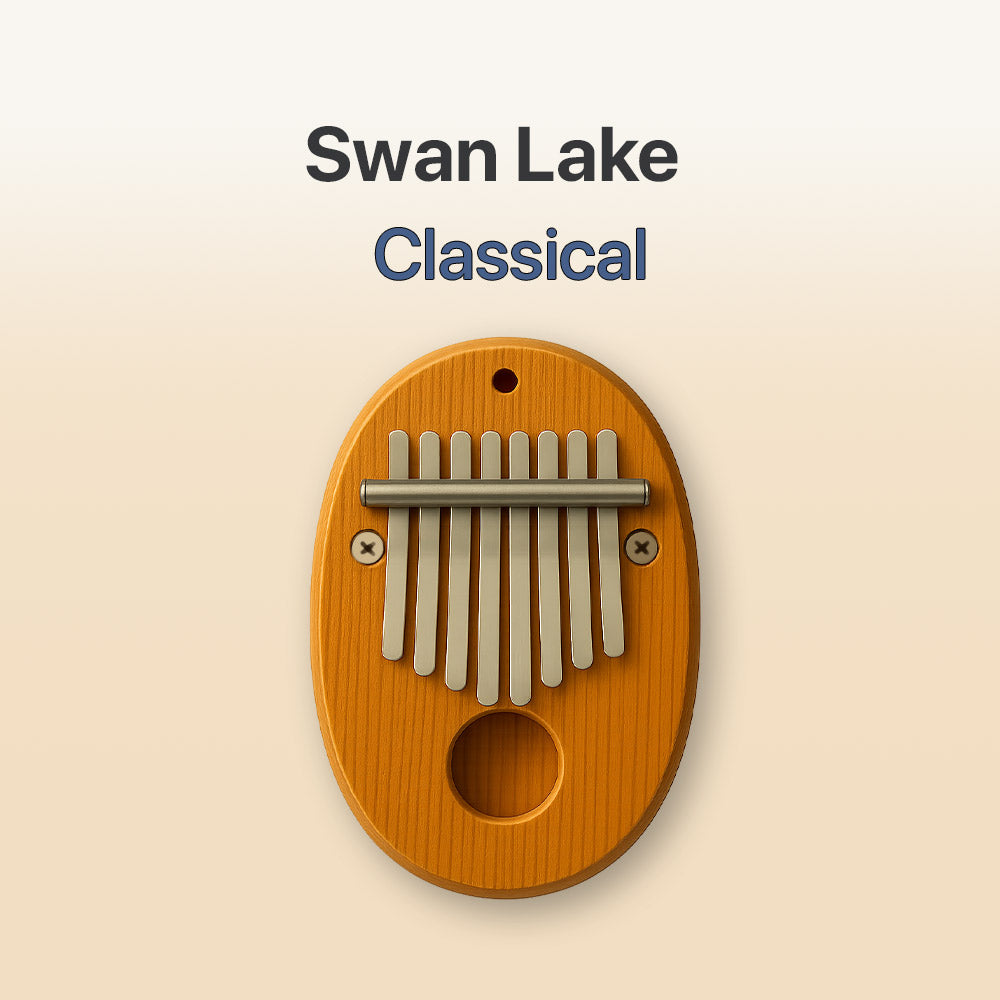 Wooden kalimba with metal tines on a beige background, labeled 'Swan Lake Classical'.