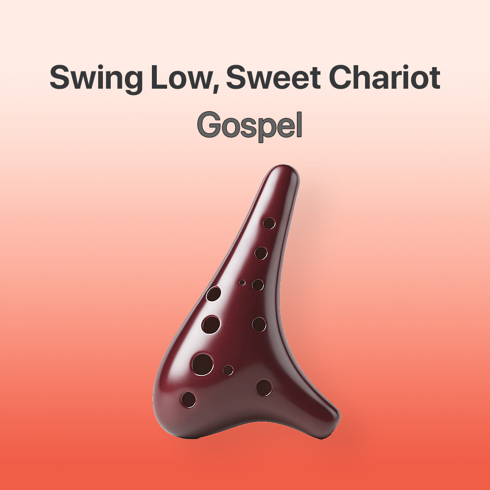 Wooden ocarina with 'Swing Low, Sweet Chariot Gospel' text on a gradient background