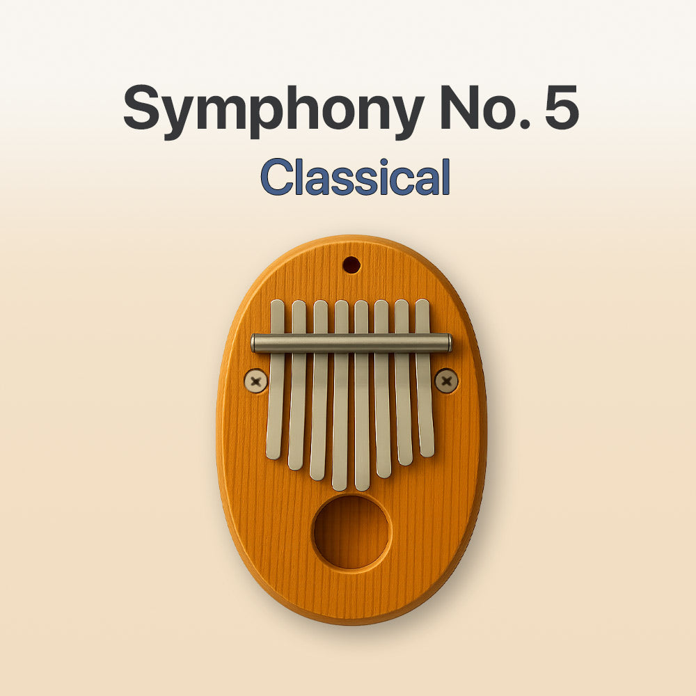 Wooden kalimba with metal tines on a beige background, labeled 'Symphony No. 5 Classical'.