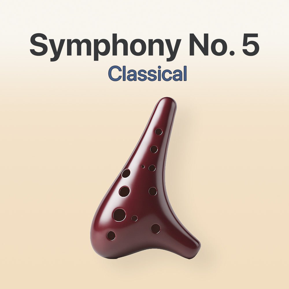 Wooden ocarina with 'Symphony No. 5 Classical' text on a beige background