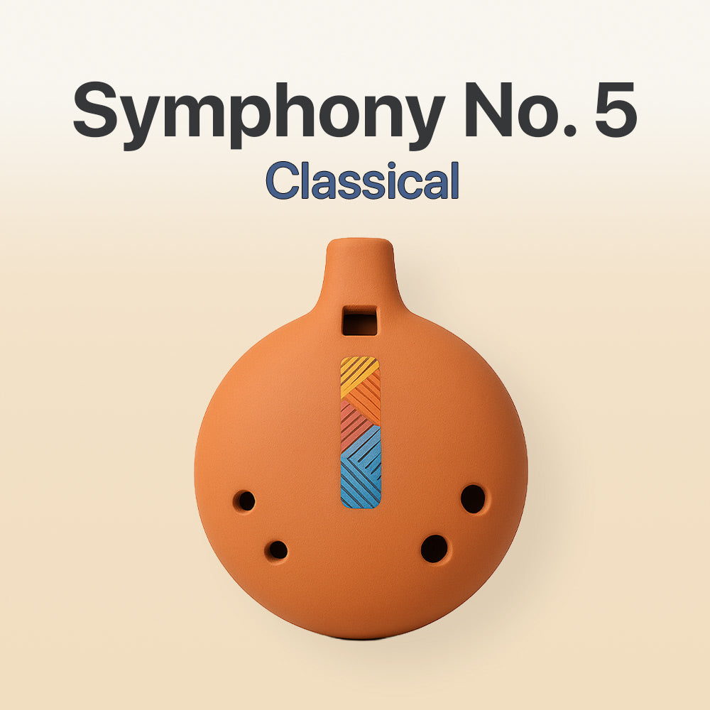 Ceramic ocarina with geometric design on a beige background, labeled 'Symphony No. 5 Classical'.