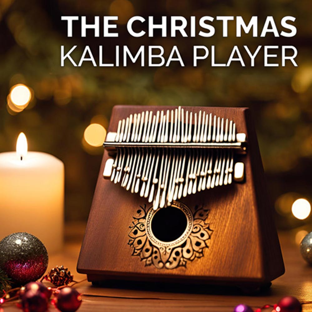 Wooden kalimba with decorative elements on a wooden surface with a candle and Christmas decorations, text 'THE CHRISTMAS KALIMBA PLAYER' above.