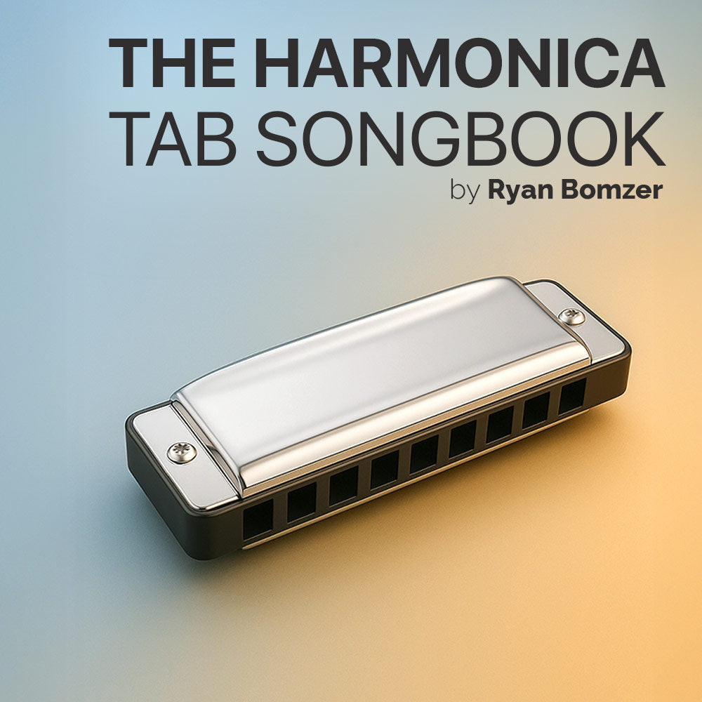 Harmonica with 'The Harmonica Tab Songbook by Ryan Bomzer' text on a gradient background