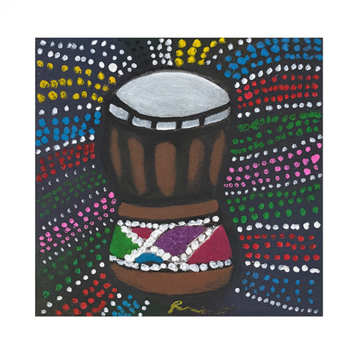 Painting of a djembe drum with colorful dot patterns on a black background