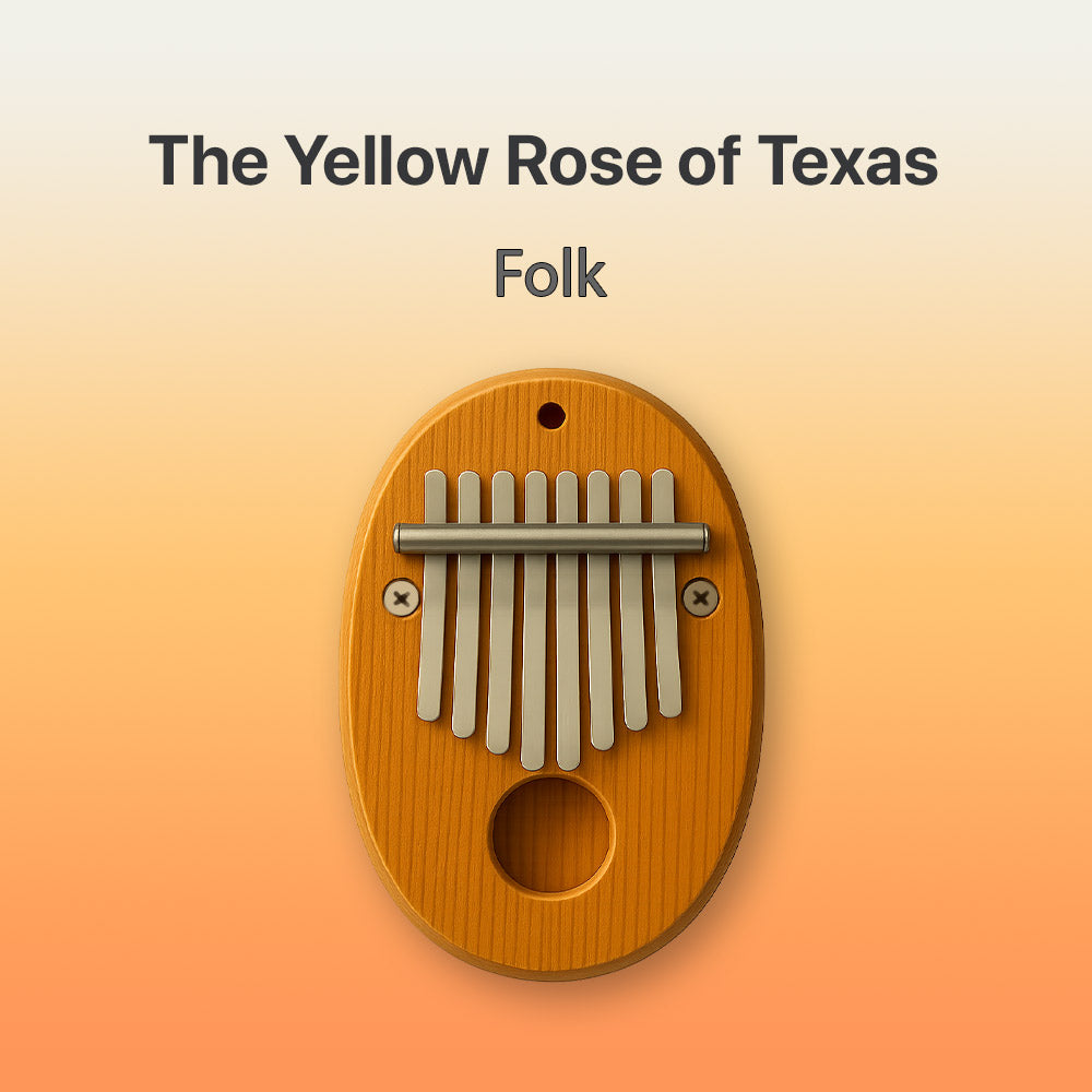 Wooden kalimba with metal tines on a gradient background, labeled 'The Yellow Rose of Texas Folk'.