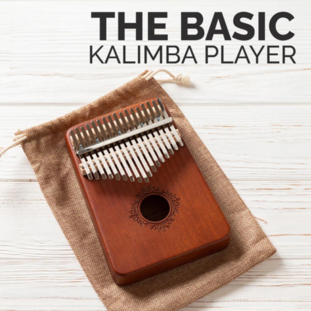 Wooden kalimba on a brown drawstring bag with 'The Basic Kalimba Player' text above.