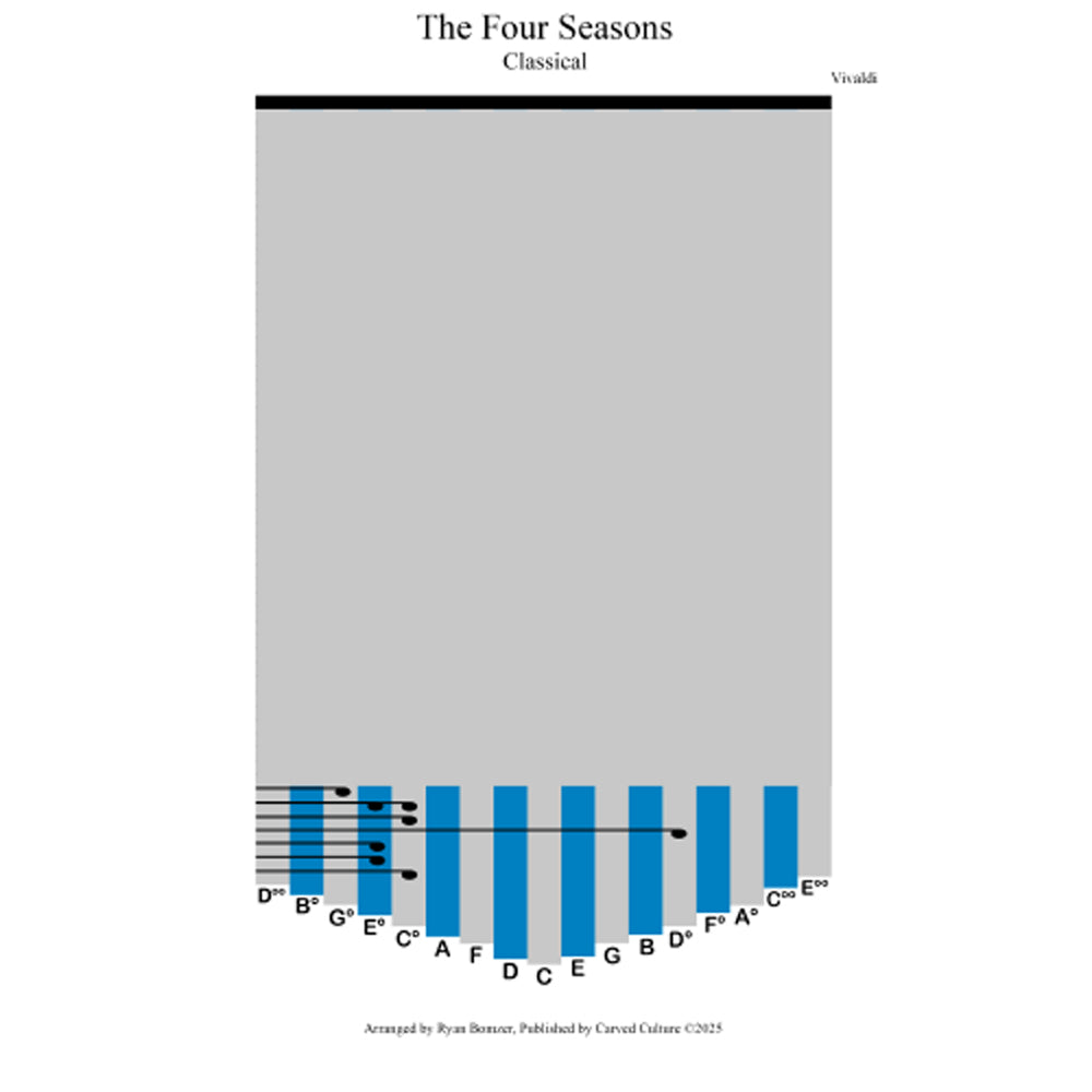 Sheet music cover for 'The Four Seasons' by Antonio Vivaldi with a gray background and blue clef symbols.