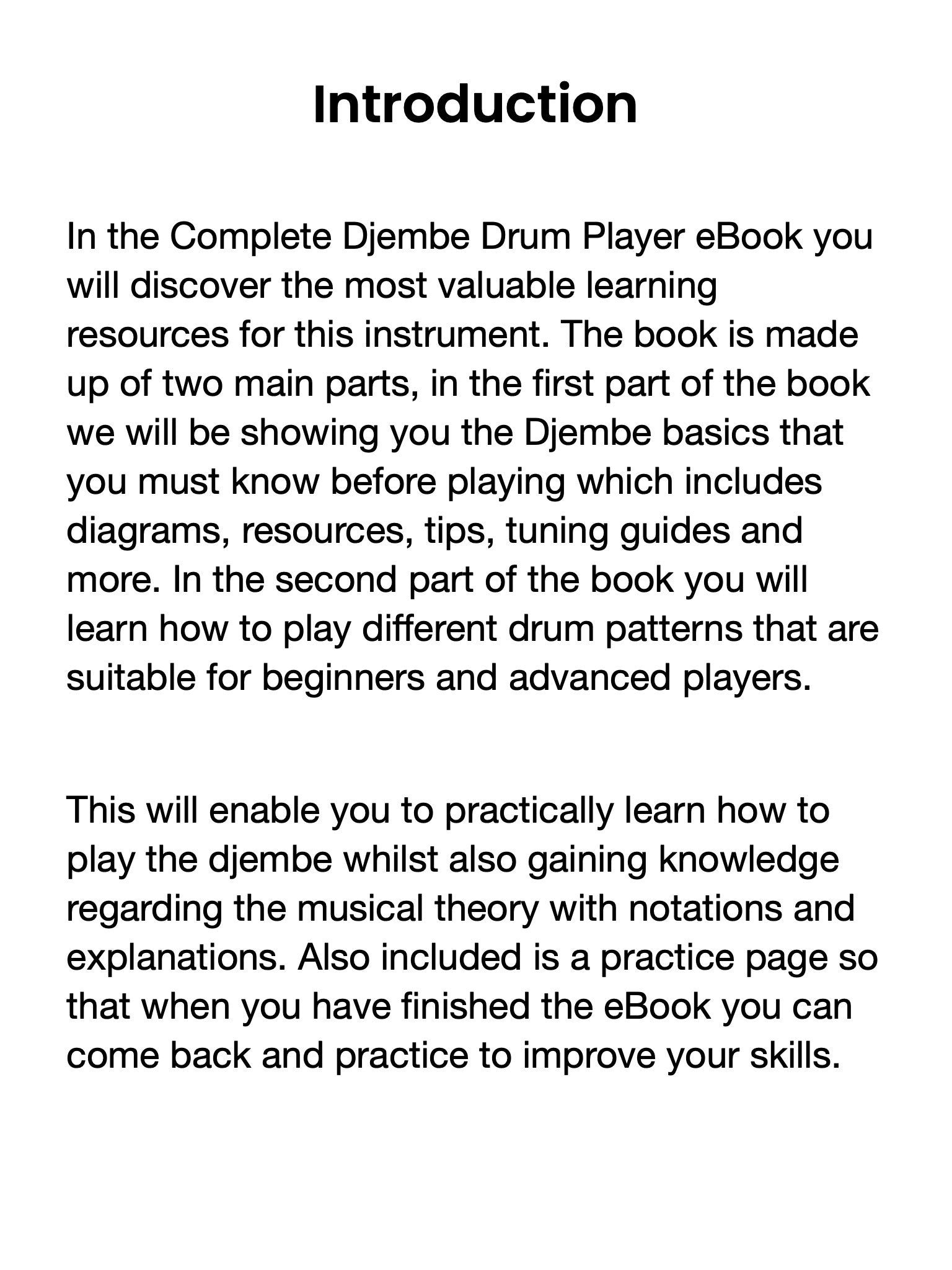 Introduction text for a Djembe Drum Player eBook on a white background