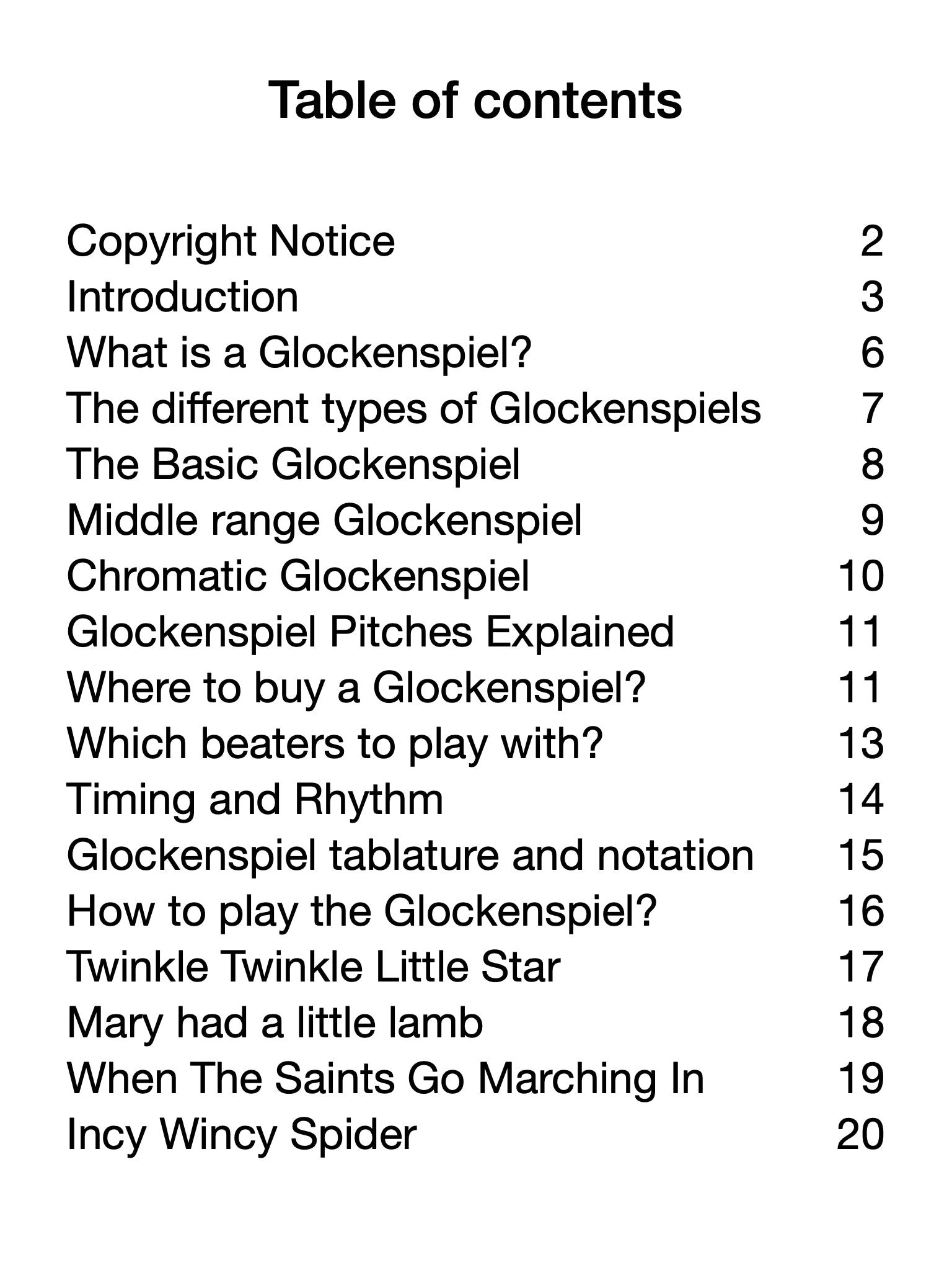 Table of contents for a book or document on glockenspiel, with chapter titles and page numbers.