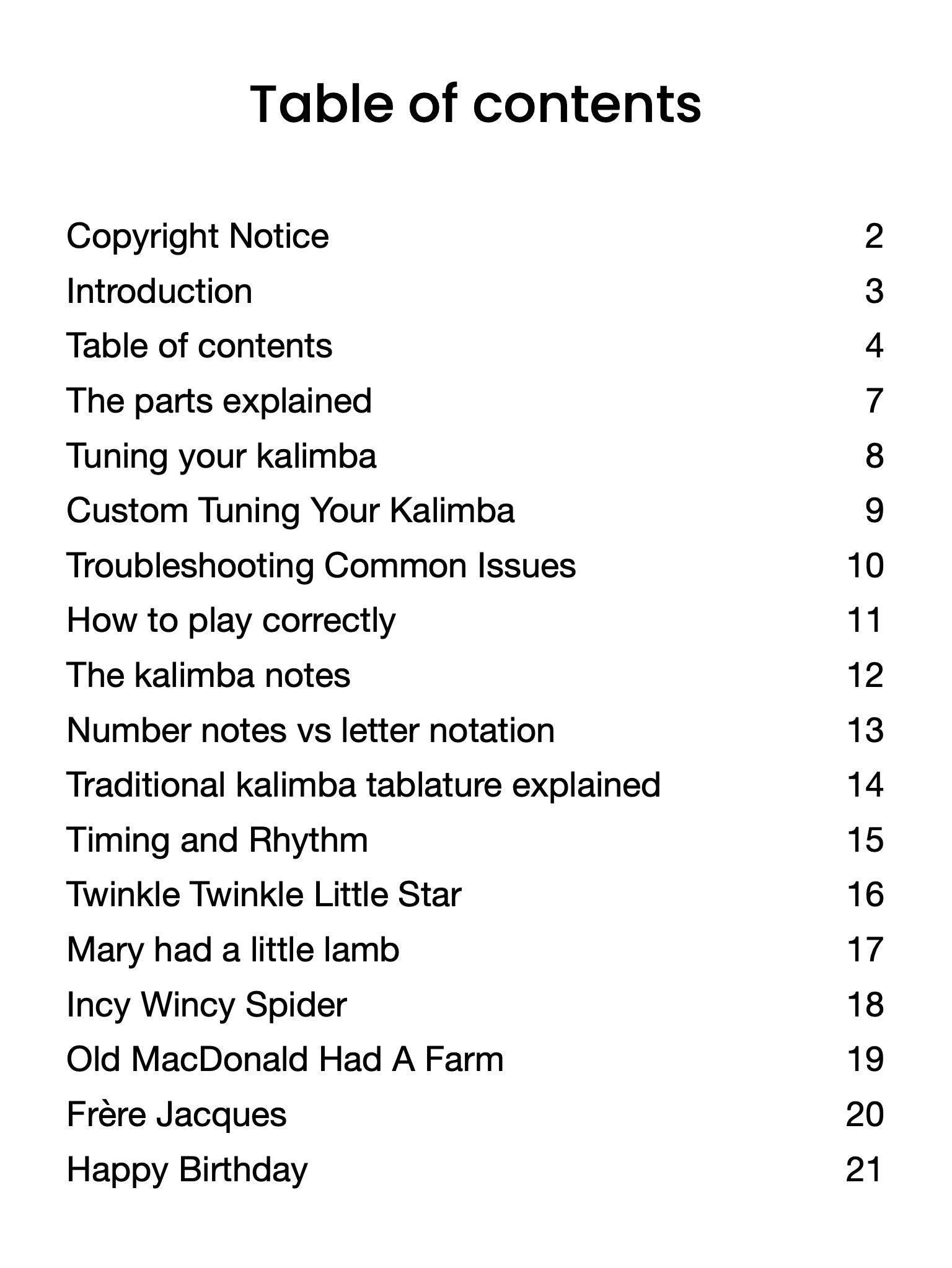 Table of contents for a book or document on kalimba, with chapter titles and page numbers.