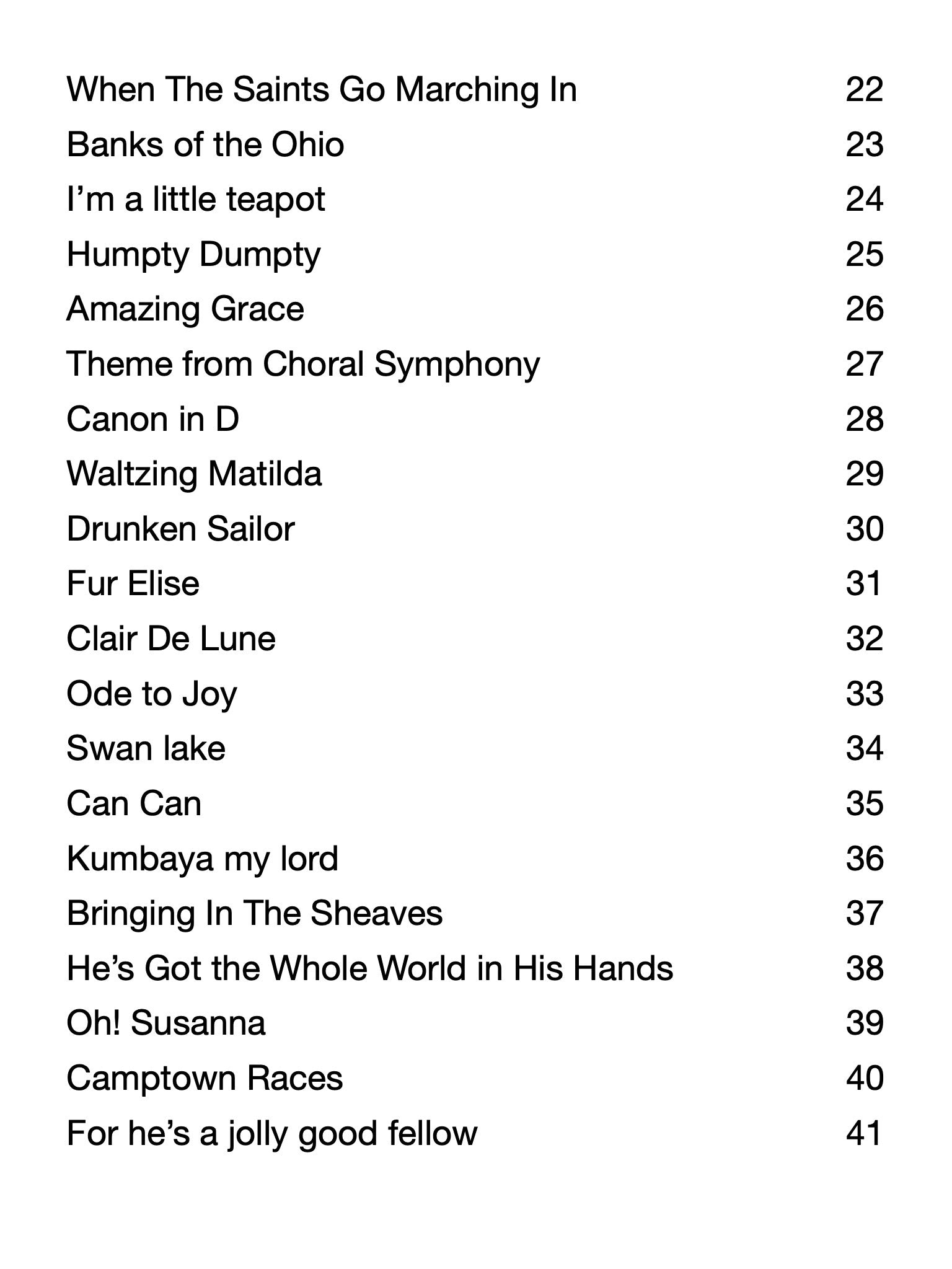 List of song titles with corresponding numbers on a white background