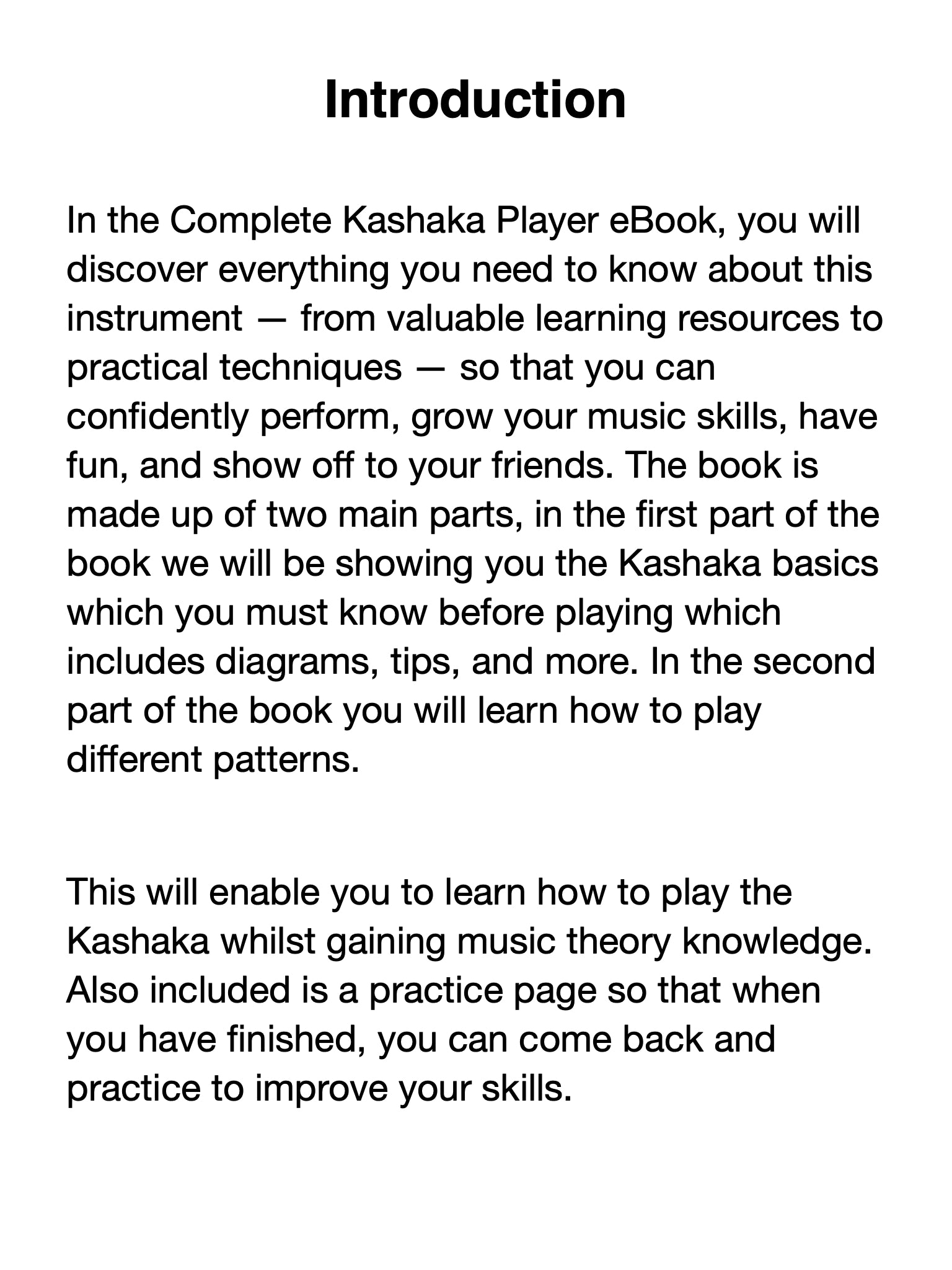 Introduction text for a Complete Kashaka Player eBook on a white background