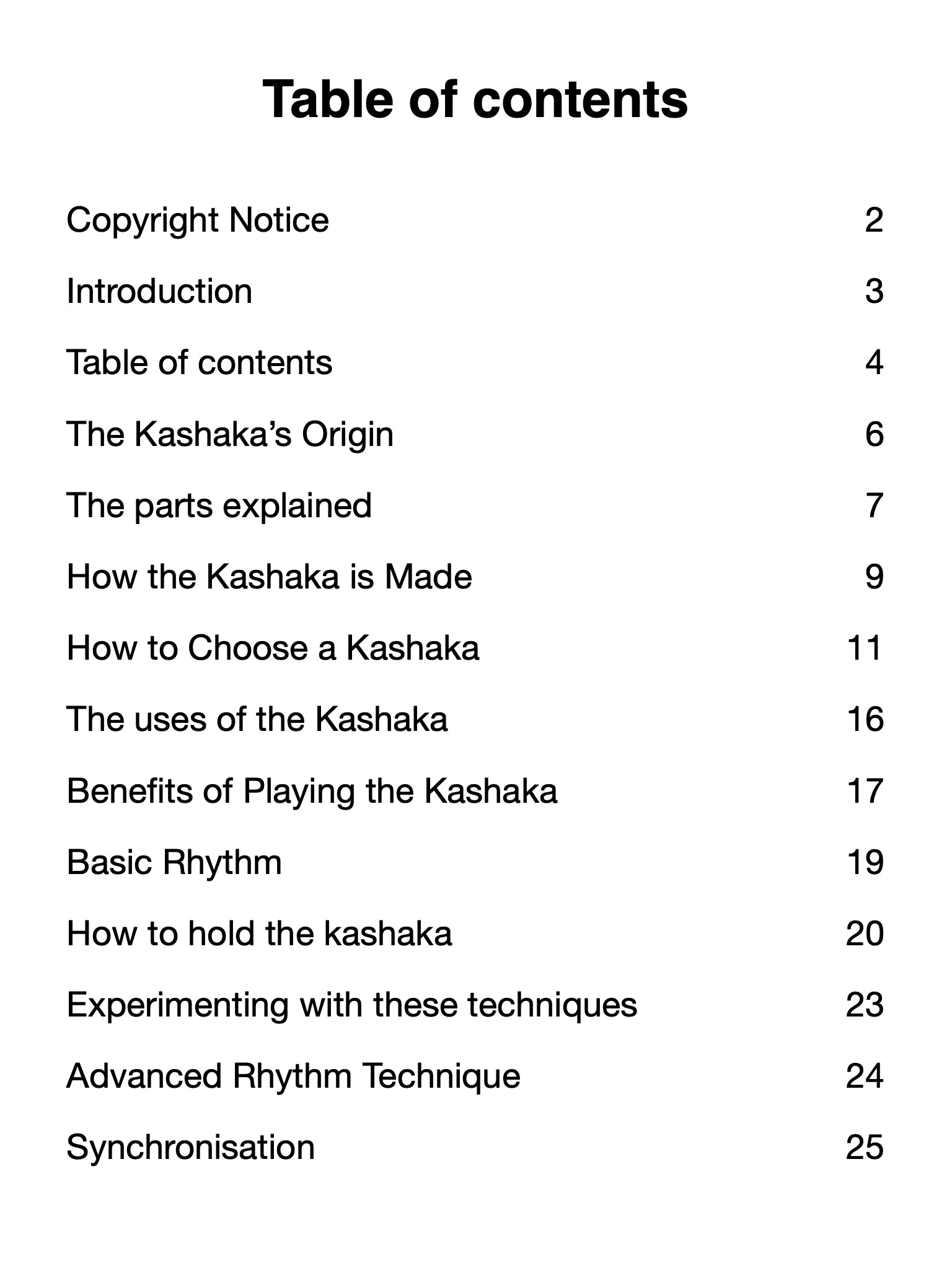 Table of contents for a book or document on kashaka, with chapter titles and page numbers.