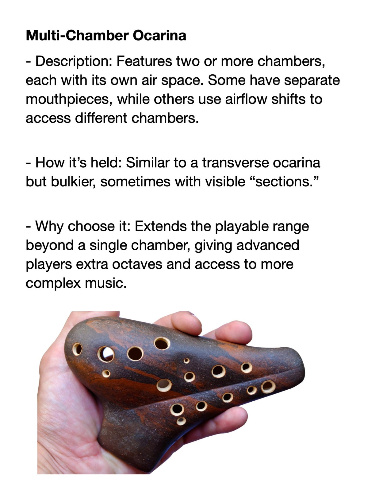 Multi-chamber ocarina held in a hand with text about multi-chamber ocarinas.