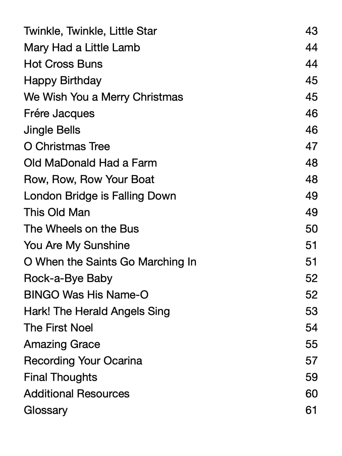 List of children's songs with corresponding page numbers on a white background