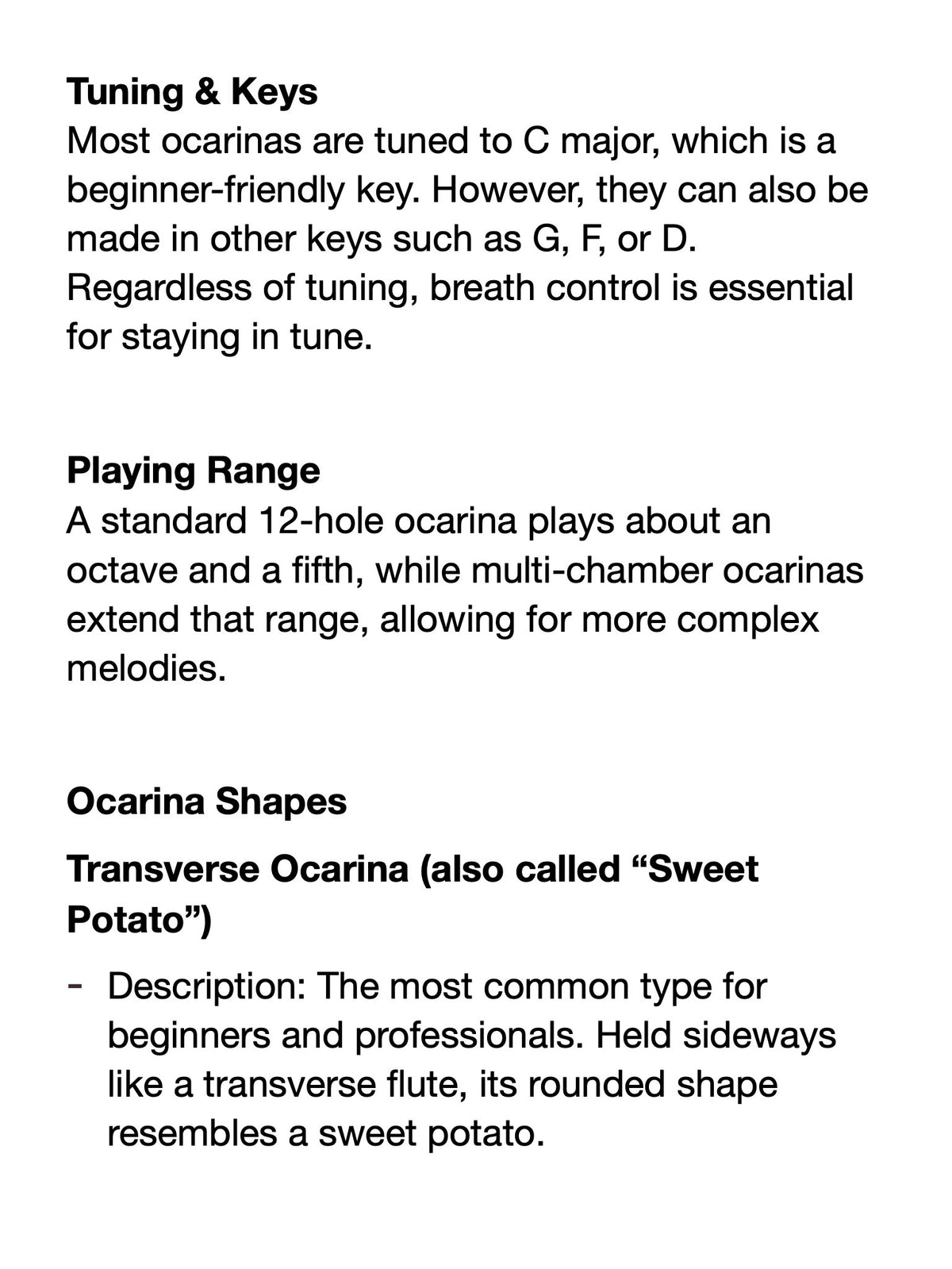 Text about ocarina tuning, playing range, and shapes on a white background