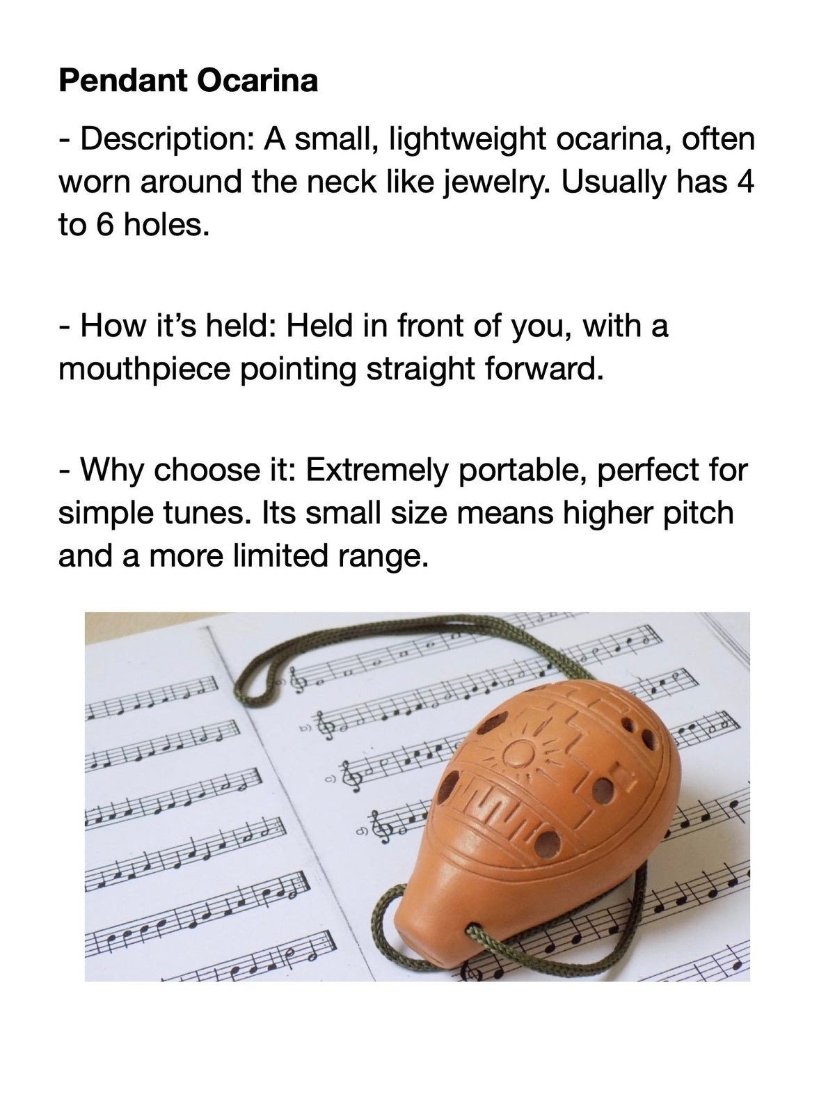 Pendant ocarina on a sheet of music with text description