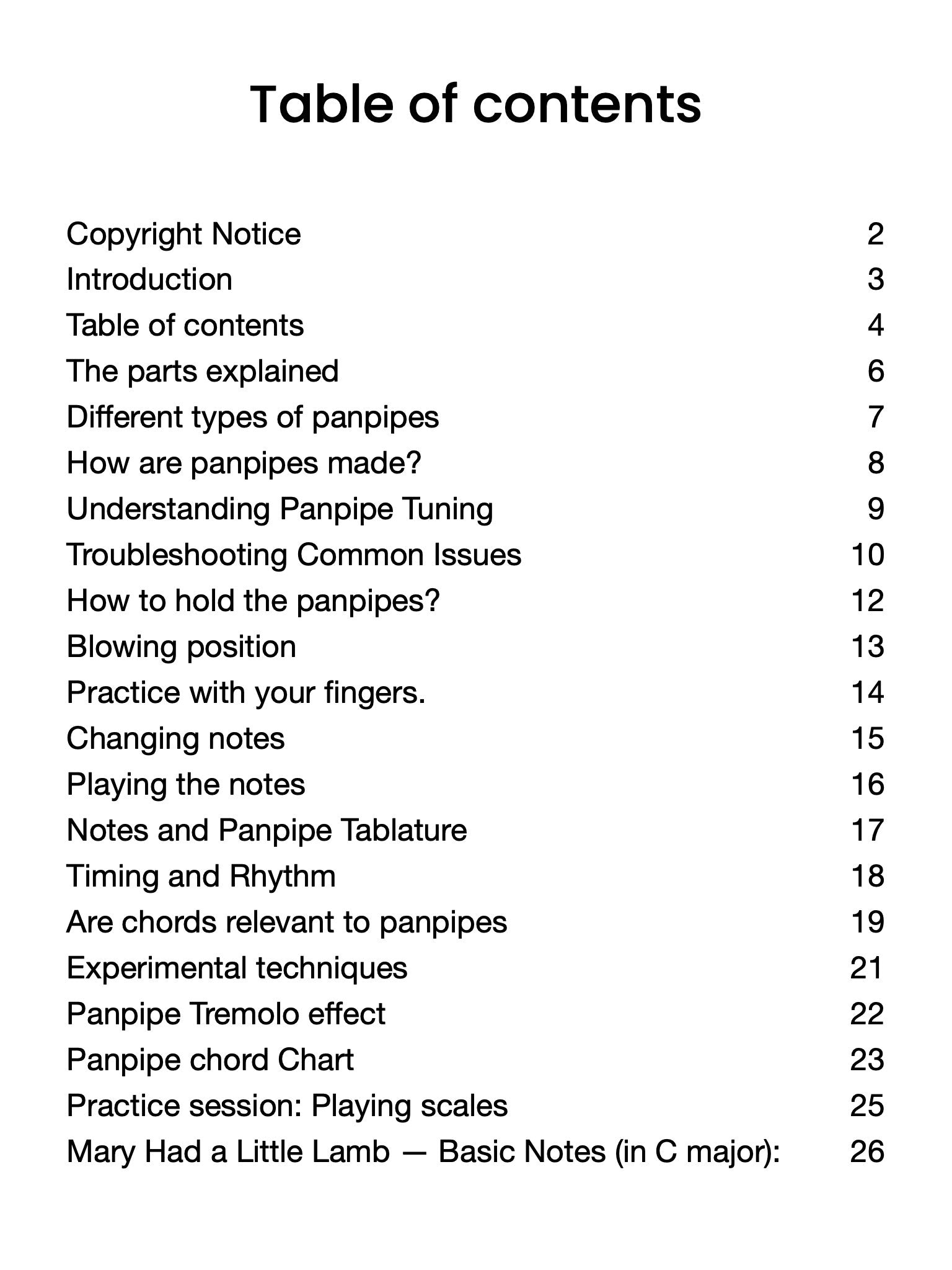 Table of contents for a book or document on panpipes with page numbers.