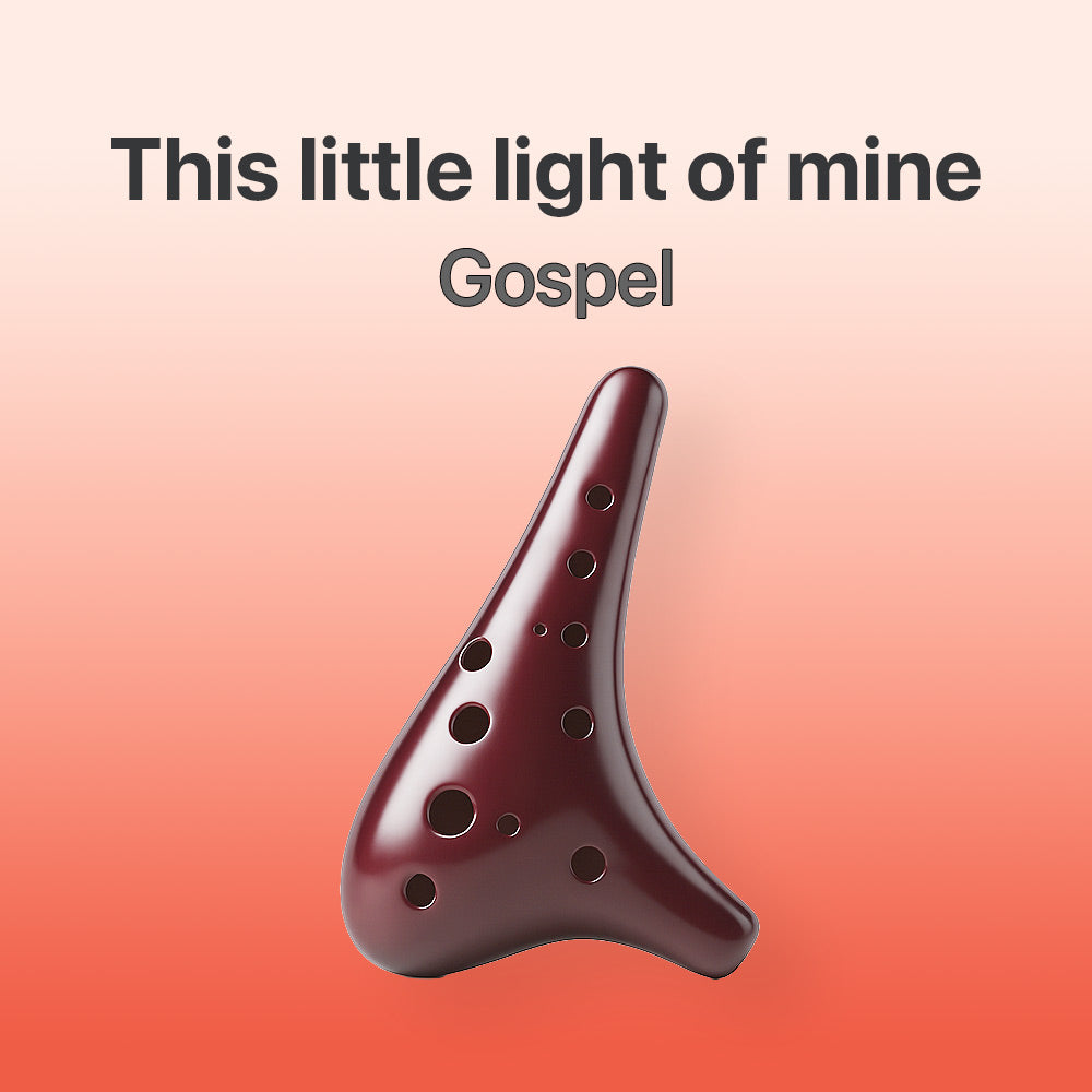 Brown ocarina on a gradient background with text 'This little light of mine Gospel'.