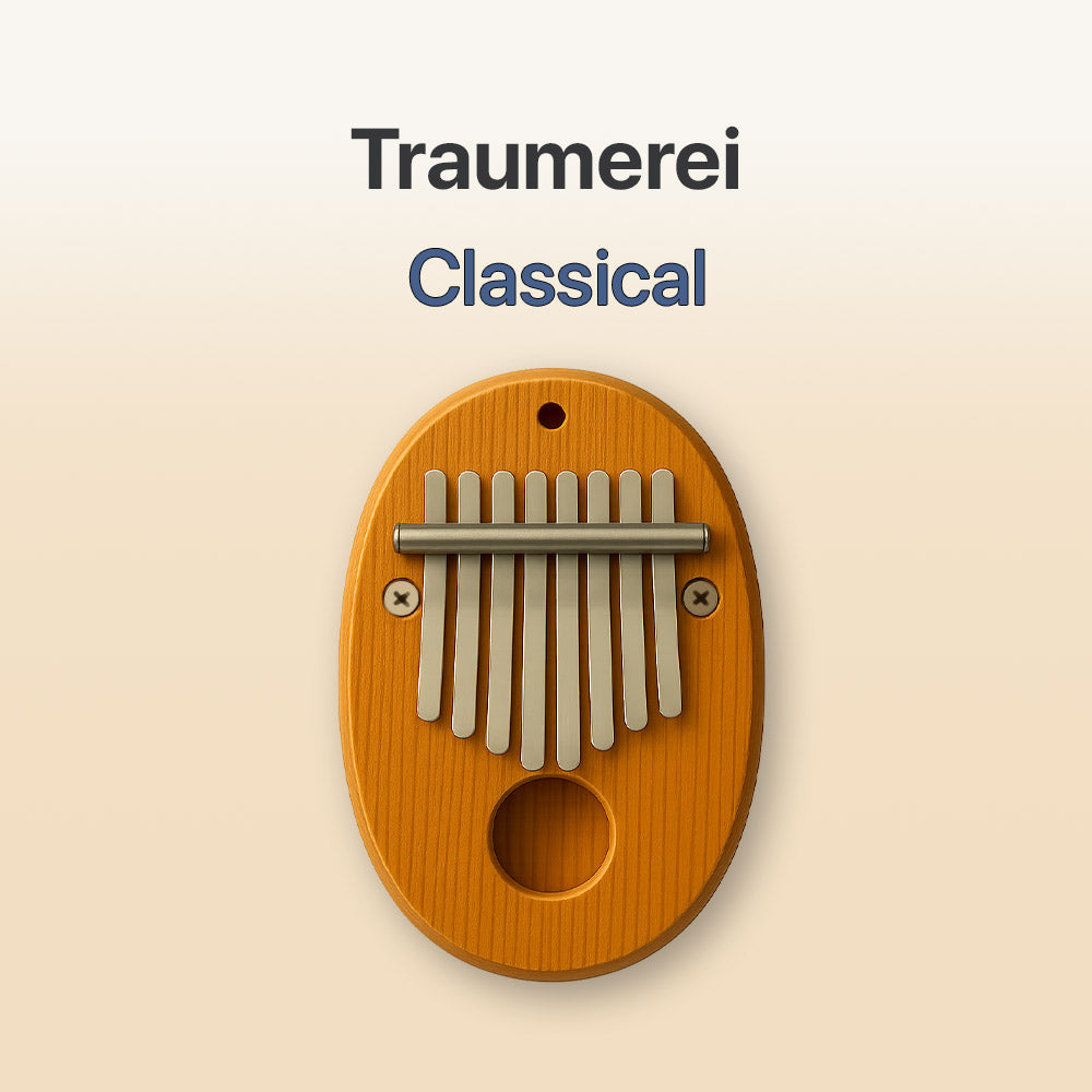 Wooden kalimba with metal tines on a beige background, featuring the text 'Traumerei Classical'.