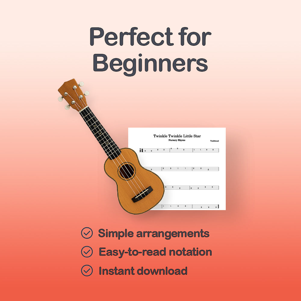 Ukulele and sheet music with text 'Perfect for Beginners' on a gradient background