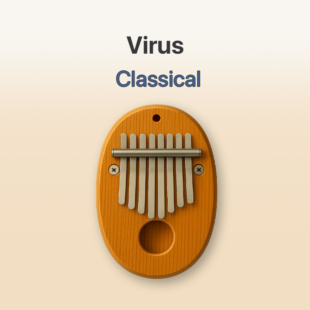 Wooden kalimba with metal tines on a beige background, featuring the text 'Virus Classical'.