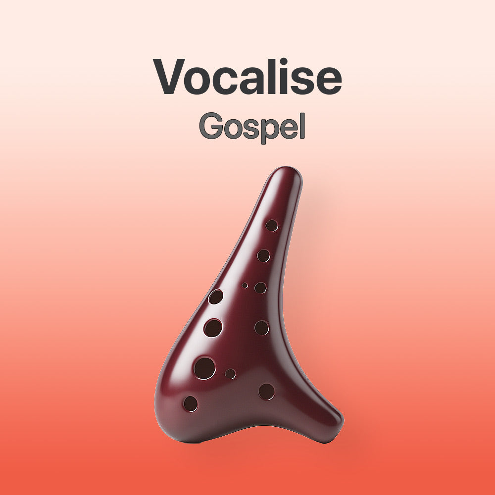 Wooden ocarina with 'Vocalise Gospel' text on a gradient background