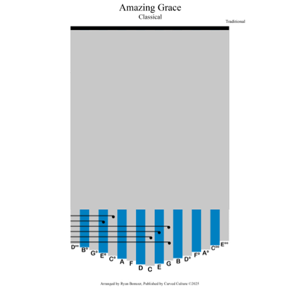 Sheet music cover for 'Amazing Grace' with a gray background and blue staff notation.