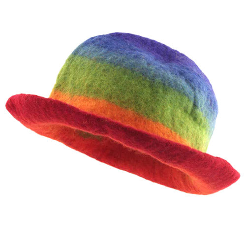 brightly coloured rainbow felt hat