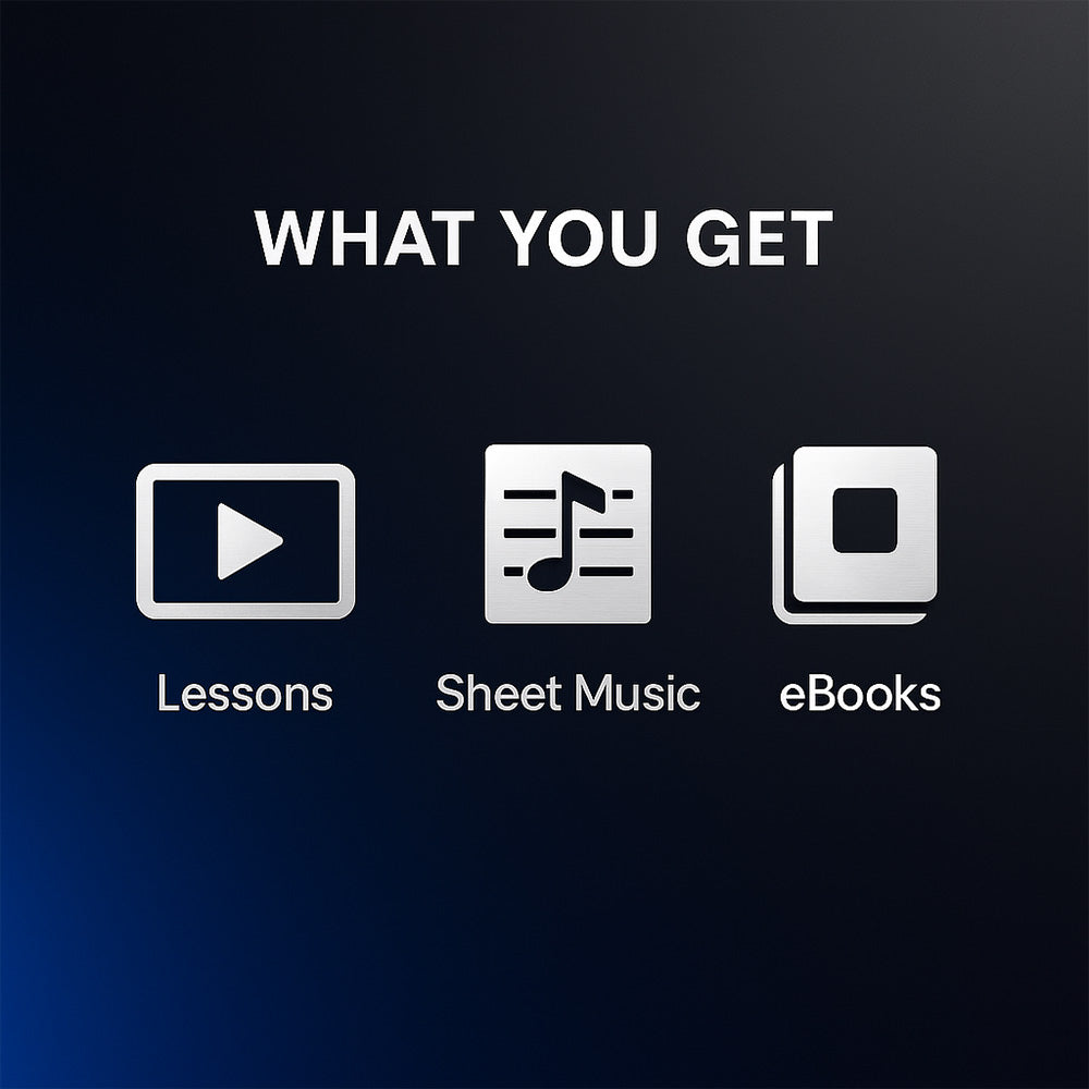 Icons and text indicating lessons, sheet music, and eBooks on a dark background