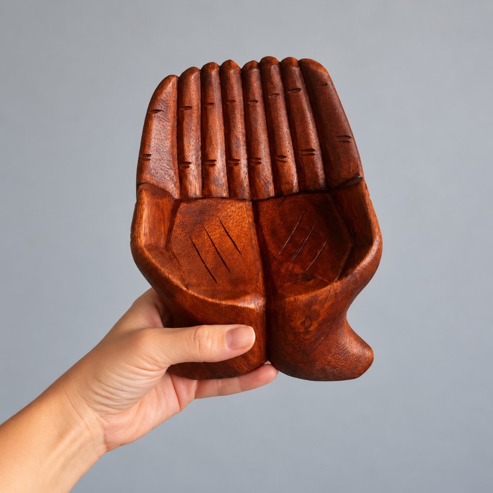 A hand holding a carved wooden bowl shaped like two hands facing each other, shown against a plain gray background.