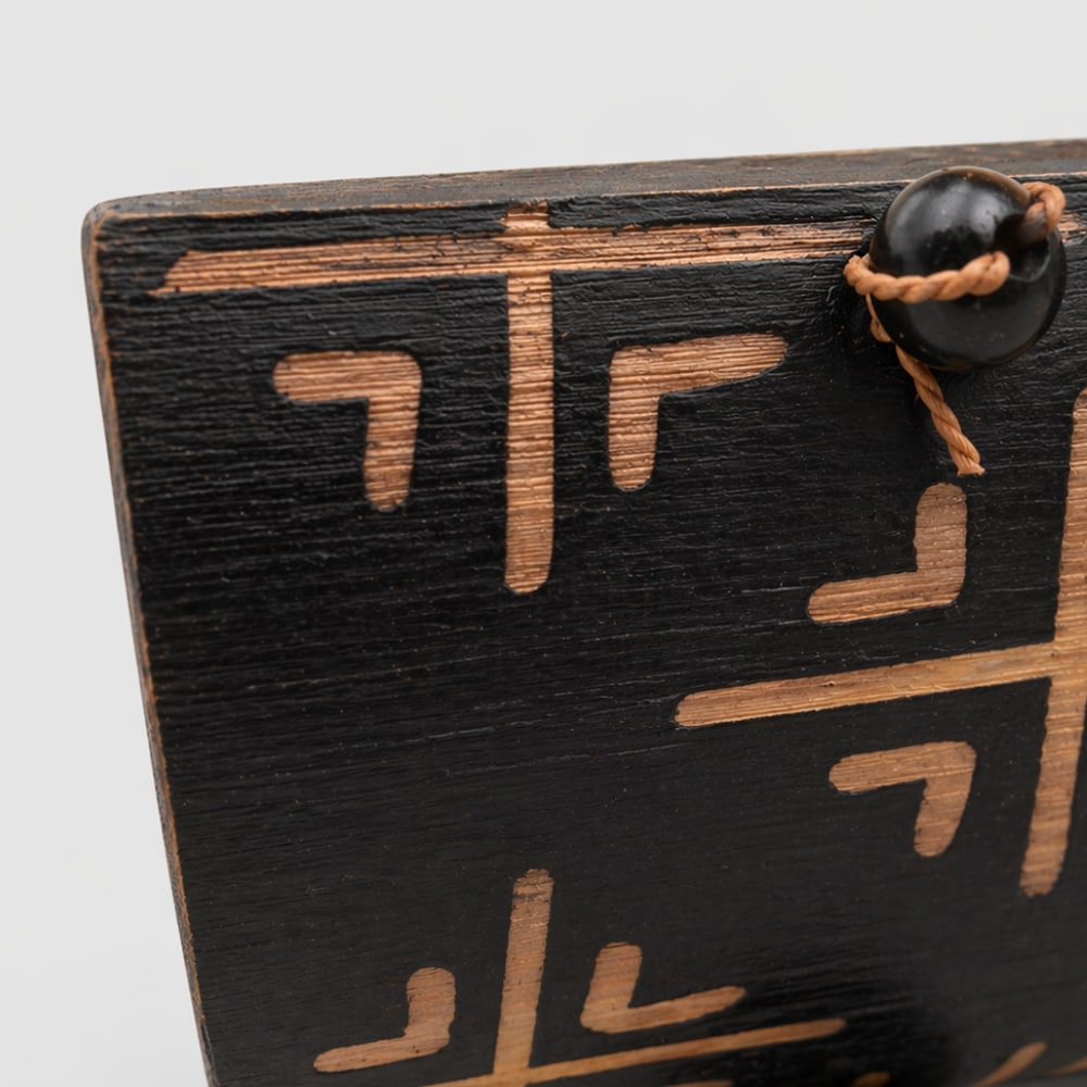 close up of gamelan glockenspiels engraved symbols on a white studio background