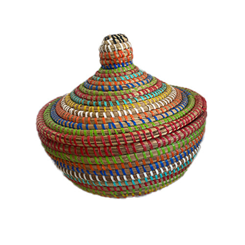 Colorful woven basket on a white background