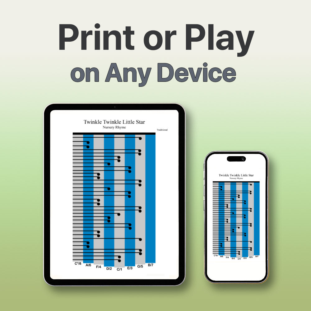 Digital music notation displayed on a tablet and smartphone with text 'Print or Play on Any Device' on a green background.
