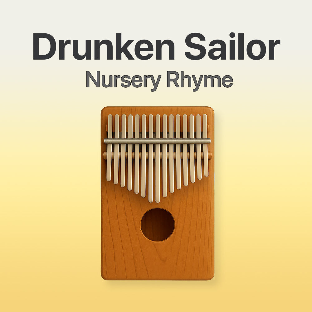 Wooden kalimba with 'Drunken Sailor Nursery Rhyme' text on a yellow background