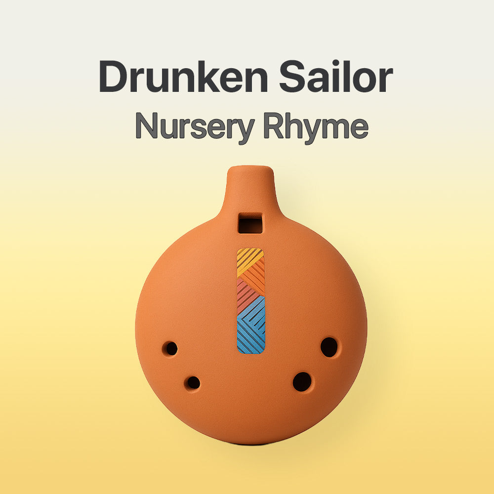 Terracotta-colored ocarina with colorful design on a gradient background, featuring the text 'Drunken Sailor Nursery Rhyme'.