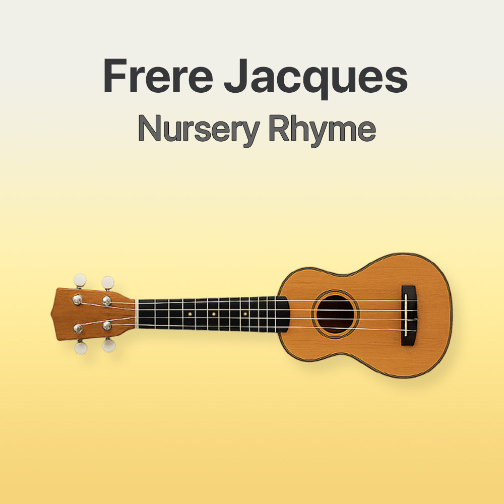 Wooden ukulele on a yellow background with text 'Frere Jacques Nursery Rhyme'.