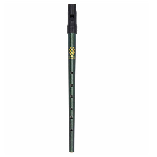 front view of green tall Celtic tin whistle.