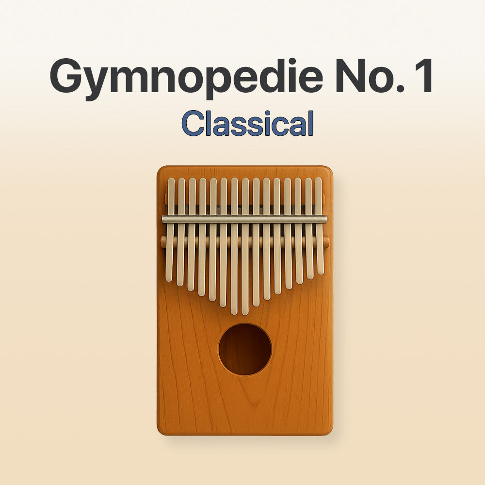 Wooden kalimba with metal tines on a beige background, featuring 'Gymnopedie No. 1 Classical' text.
