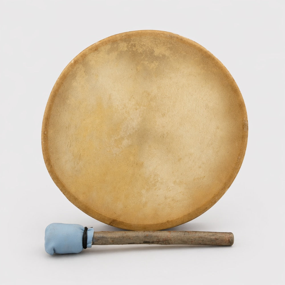 Traditional 12" khenji cow hide shamanic drum with a beater mallet on a white studio background