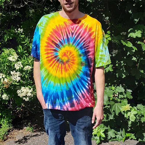 man wearing Spiral Rainbow T-shirt