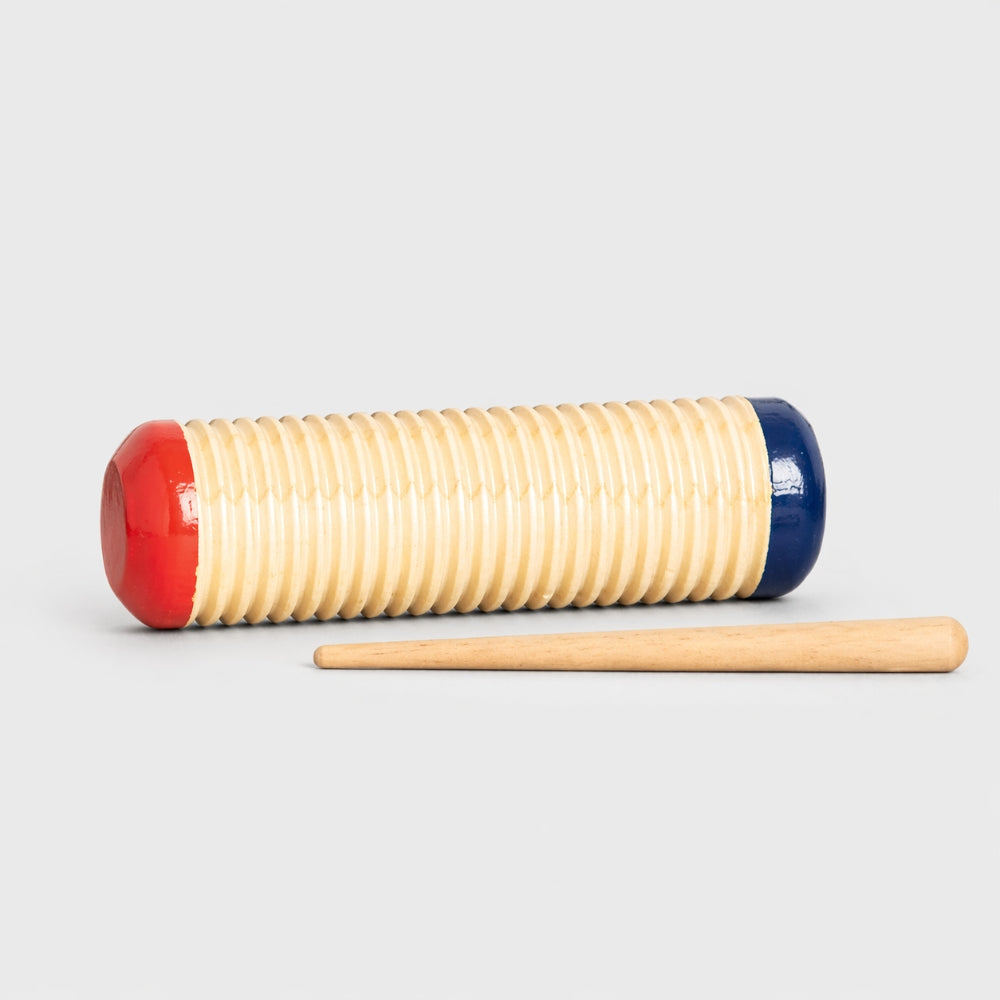 red and blue guiro shaker with rasp white background