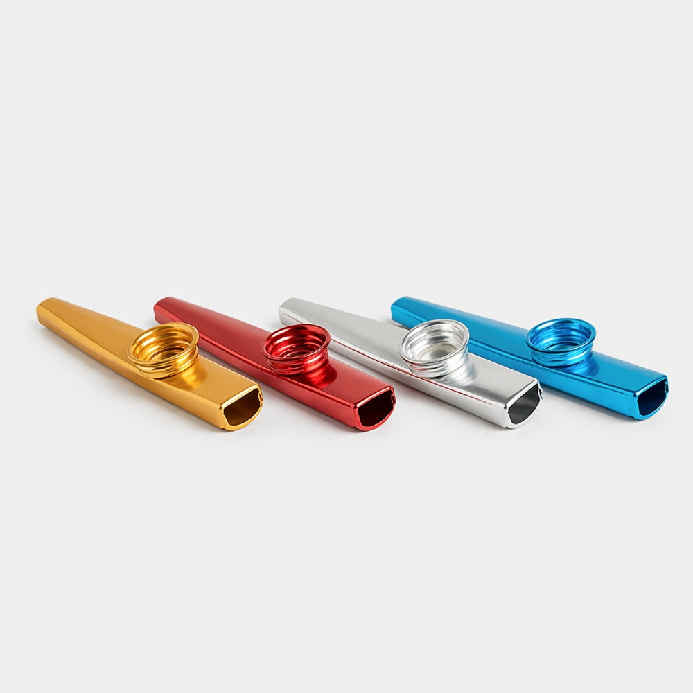 Four metallic kazoo instruments in gold, red, silver, and blue on a white background
